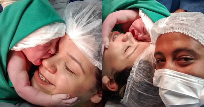  Moment incroyablement touchant  une fille mignonne nouveau-né étreint le visage de sa mère