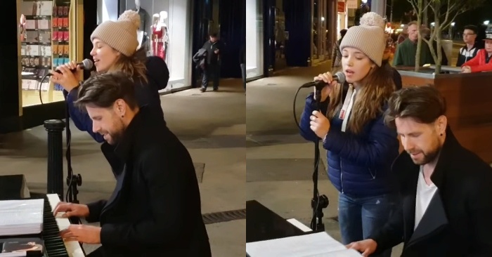  13 ans fille rejoint un musicien de rue quand elle a chanté tout le monde gelé avec Plaisir