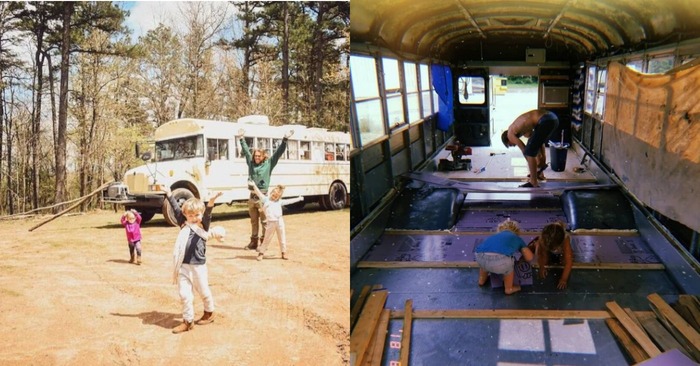  Famille heureuse : cette grande famille unique vit dans un vieux bus scolaire restauré